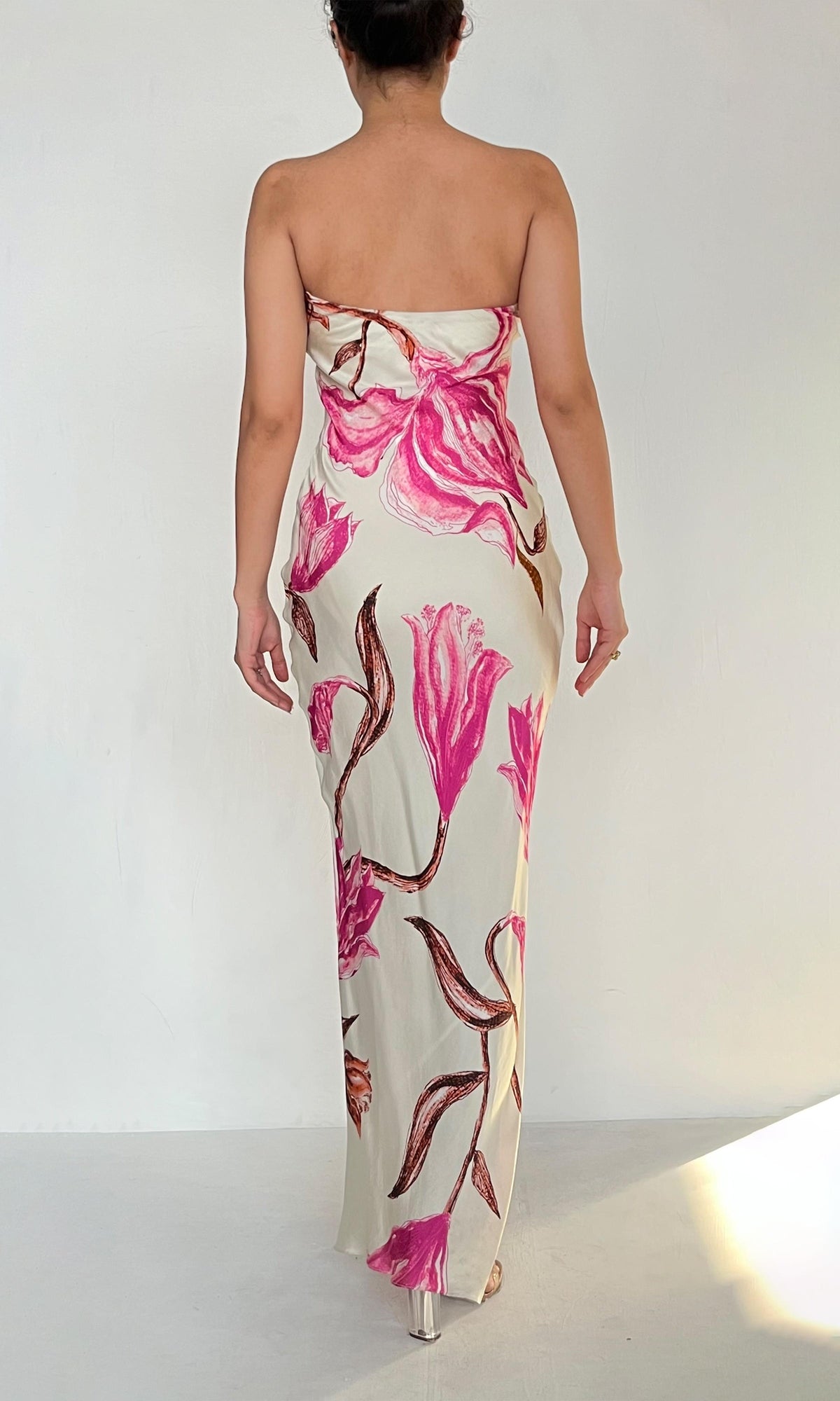 Rococo Sand | Grace Viscose Satin Lycra Long Dress | White Pink