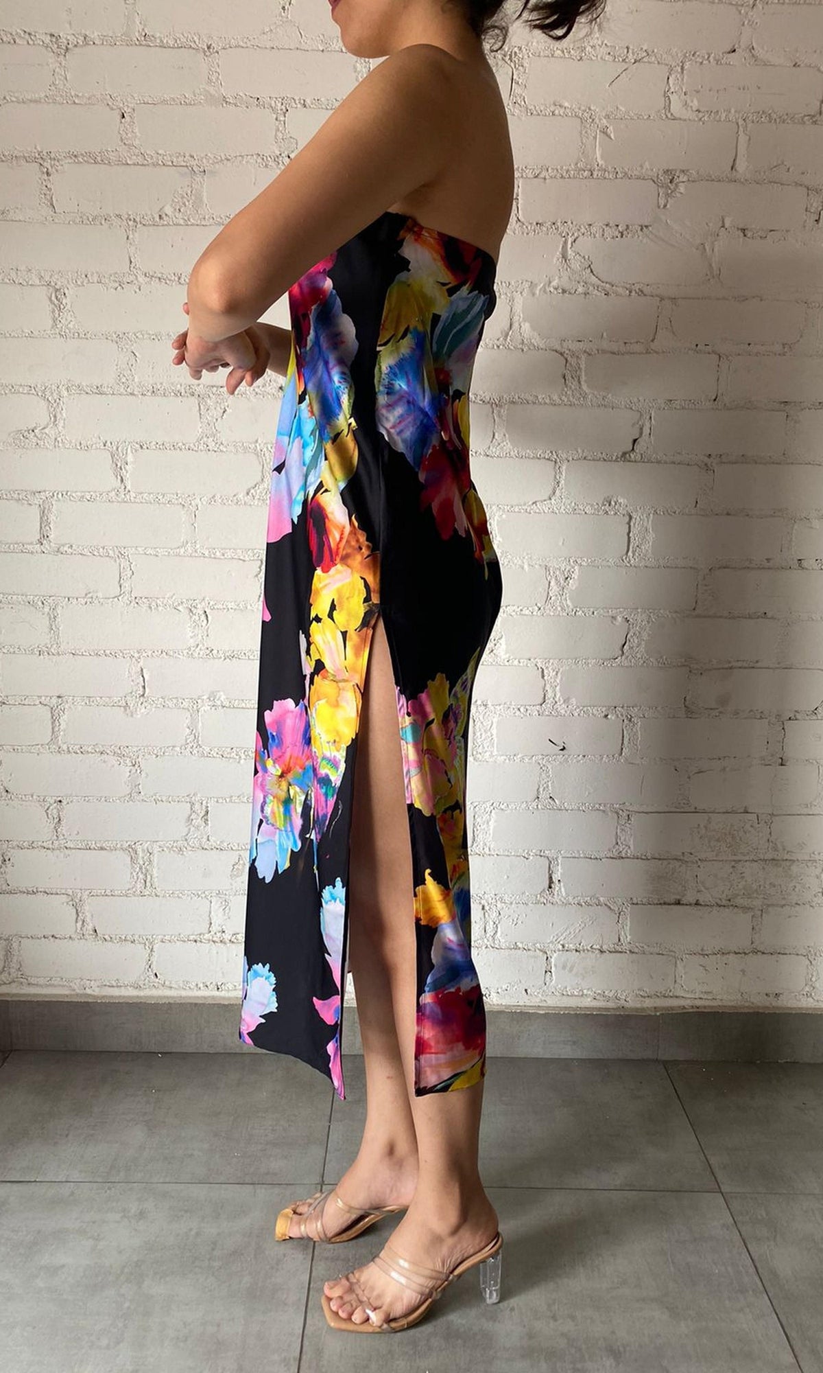 Rococo Sand | Inv Polyester Satin Midi Dress | Black Multi