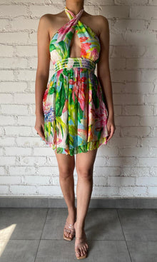 Rococo Sand | Inv Viscose Chiffon Gold Dobby Short Dress | Green Print