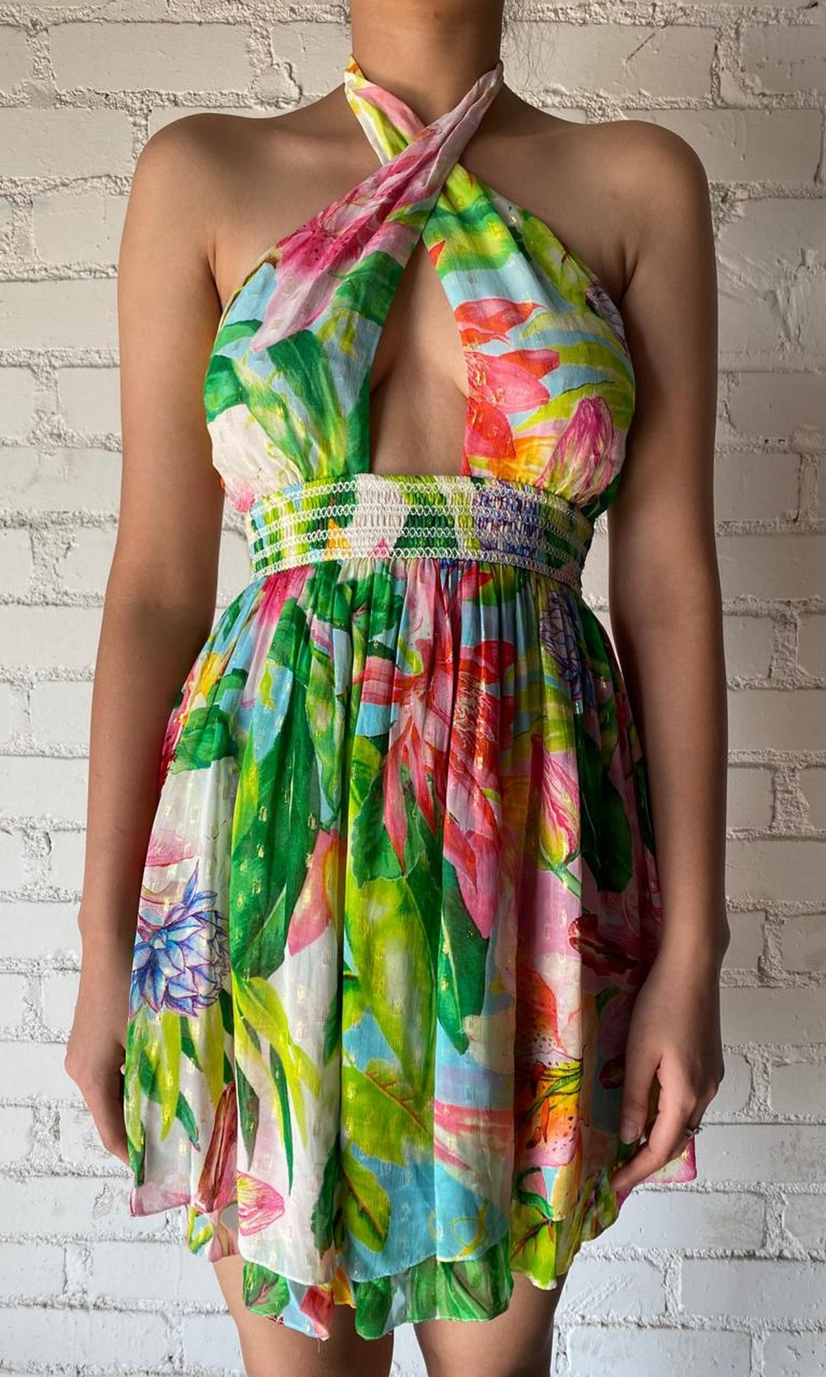 Rococo Sand | Inv Viscose Chiffon Gold Dobby Short Dress | Green Print