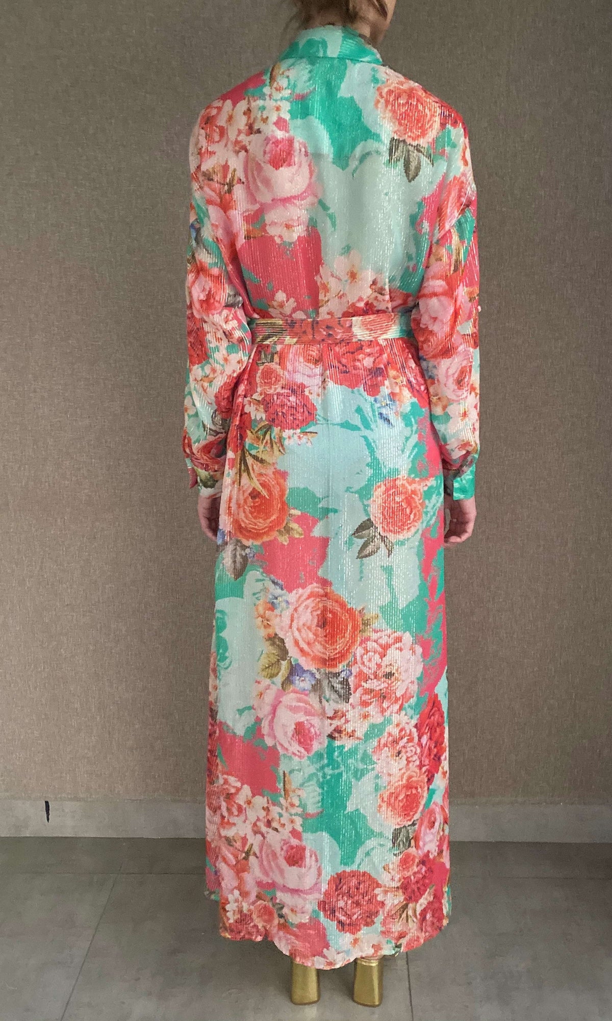 Rococo Sand | Ivy Gold And Silver Thin Stripe Lurex Georgette Long Dress With Slip And Tie Up Belt | Mint Green/Coral