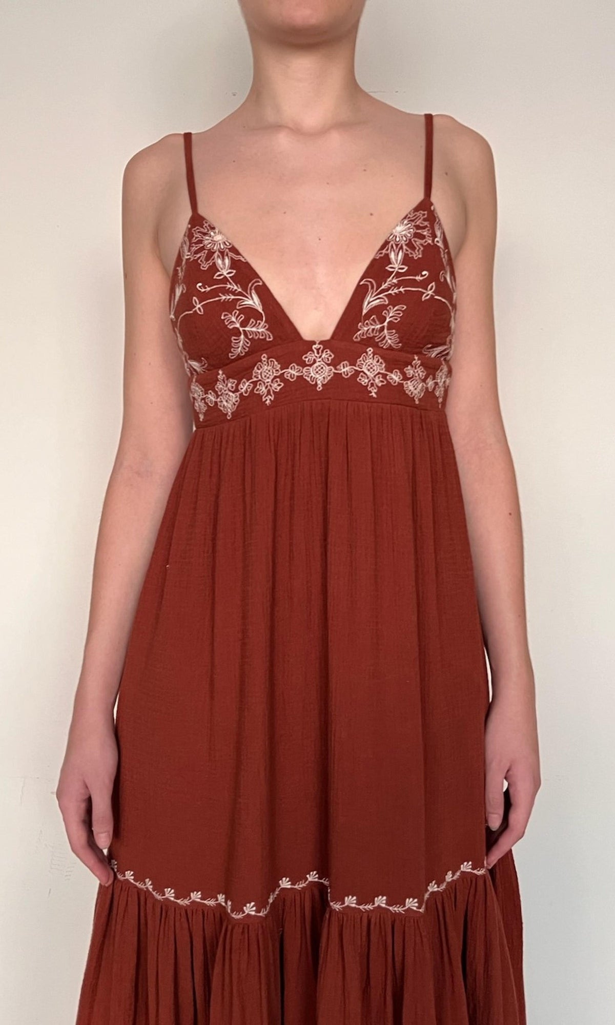 Rococo Sand | Jaci Cotton Double Cloth Gauze Tiered Embroidered Maxi Dress | Brown White