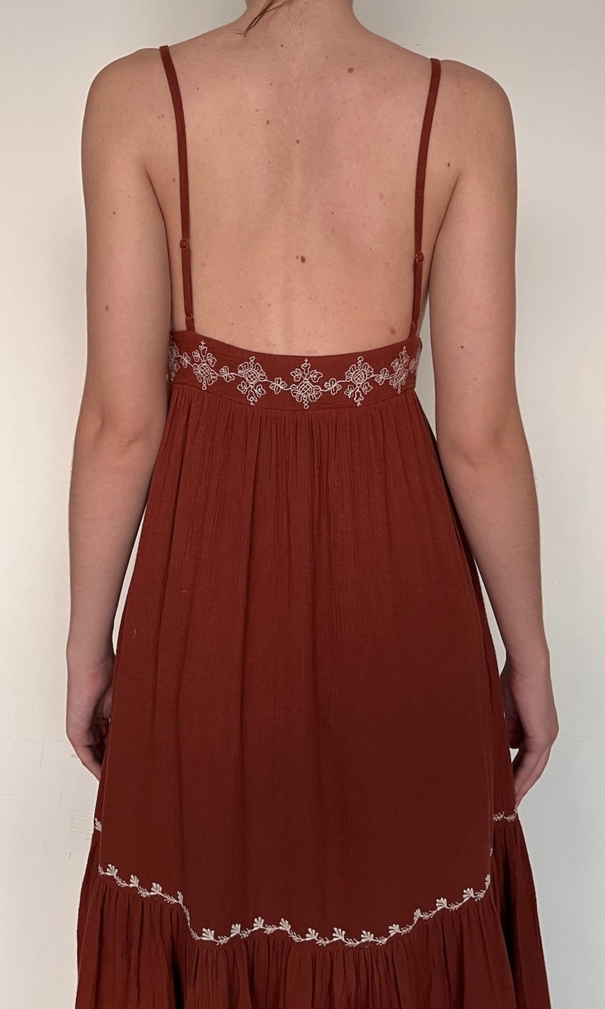 Rococo Sand | Jaci Cotton Double Cloth Gauze Tiered Embroidered Maxi Dress | Brown White