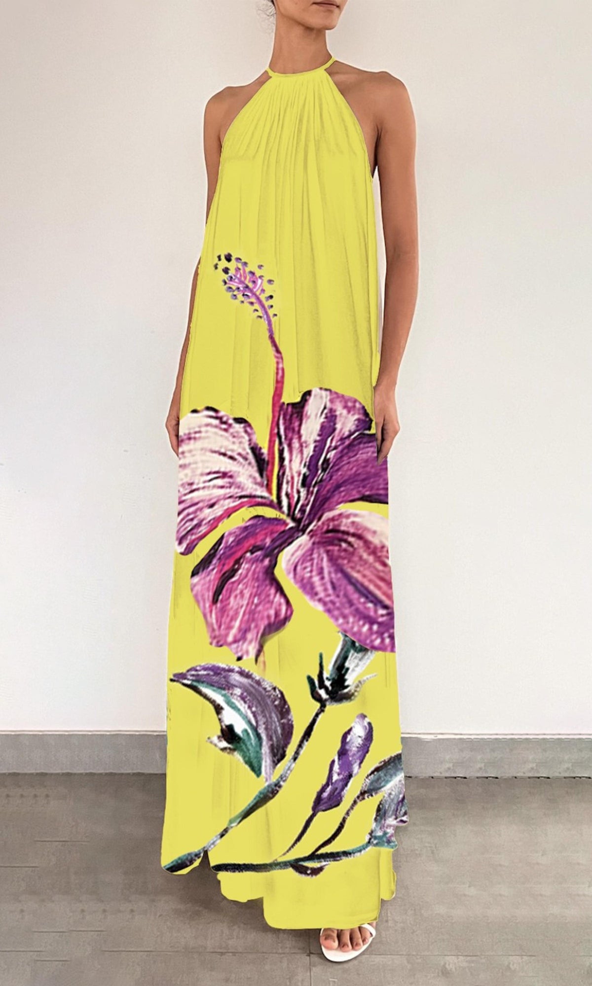 Rococo Sand | Juri Viscose Natural Crepe Flared Maxi Dress | Yellow Purple