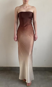 Rococo Sand | Kara Polyester Satin Lycra Strapless Maxi Dress | Beige Brown Ombre
