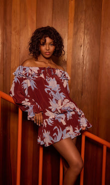 Rococo Sand | Lia Viscose Natural Crepe Off-Shoulder Dress | Burgundy Blue