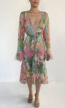 Rococo Sand | Lora Polyester Mesh Cape With Belt | Multicolor Hibiscus