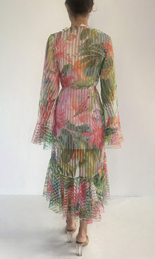 Rococo Sand | Lora Polyester Mesh Cape With Belt | Multicolor Hibiscus