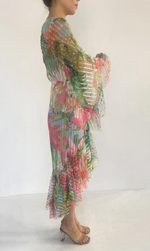 Rococo Sand | Lora Polyester Mesh Cape With Belt | Multicolor Hibiscus