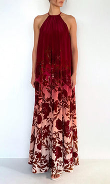 Rococo Sand | Maia Viscose Natural Crepe Flared Maxi Dress | Ivory Burgundy