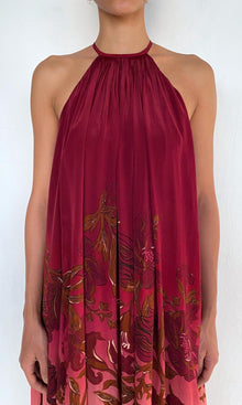 Rococo Sand | Maia Viscose Natural Crepe Flared Maxi Dress | Ivory Burgundy