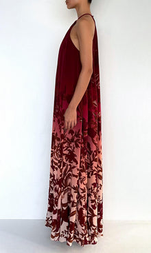 Rococo Sand | Maia Viscose Natural Crepe Flared Maxi Dress | Ivory Burgundy