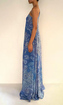 Rococo Sand | Navy Viscose Natural Crepe One Shoulder Maxi Dress | Light Blue