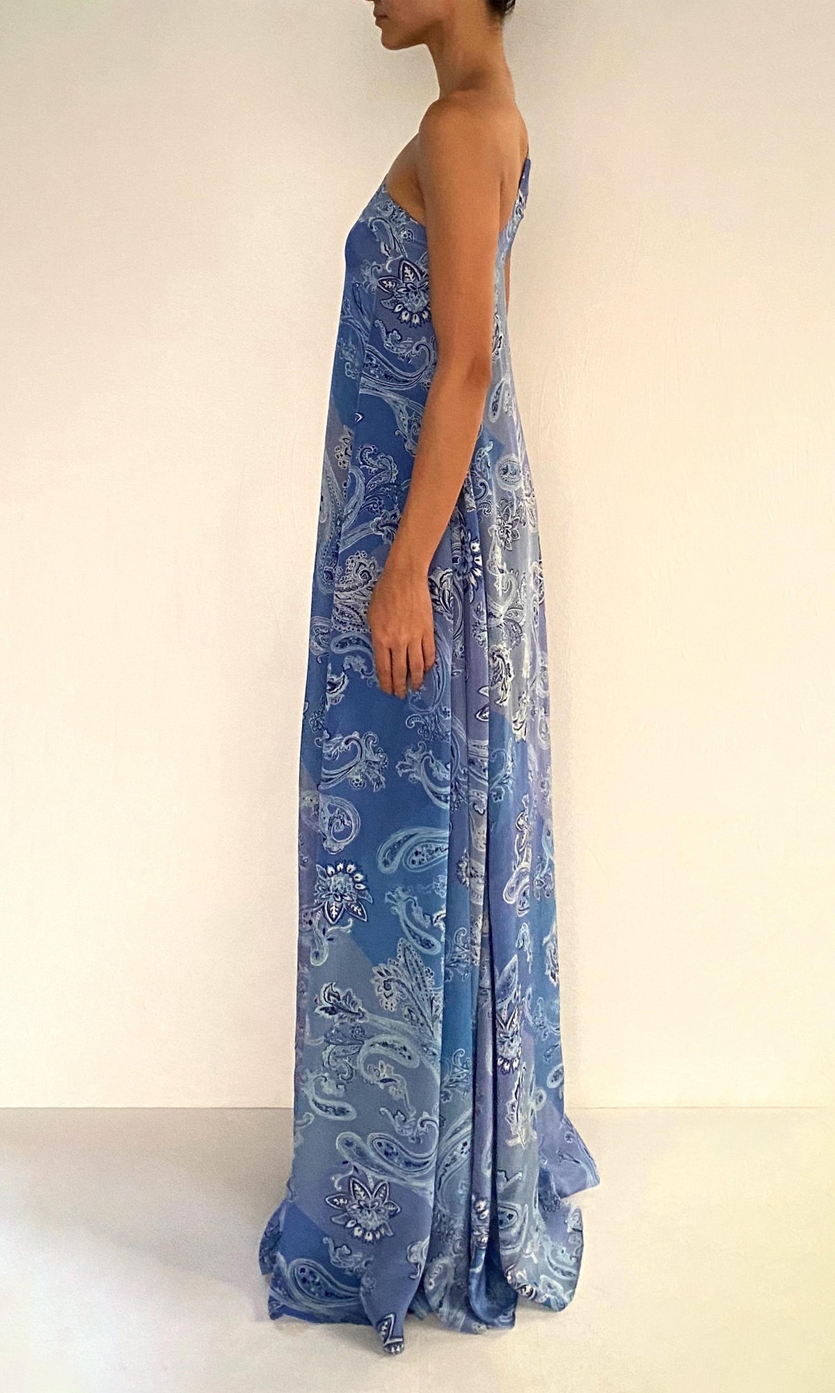 Rococo Sand | Navy Viscose Natural Crepe One Shoulder Maxi Dress | Light Blue