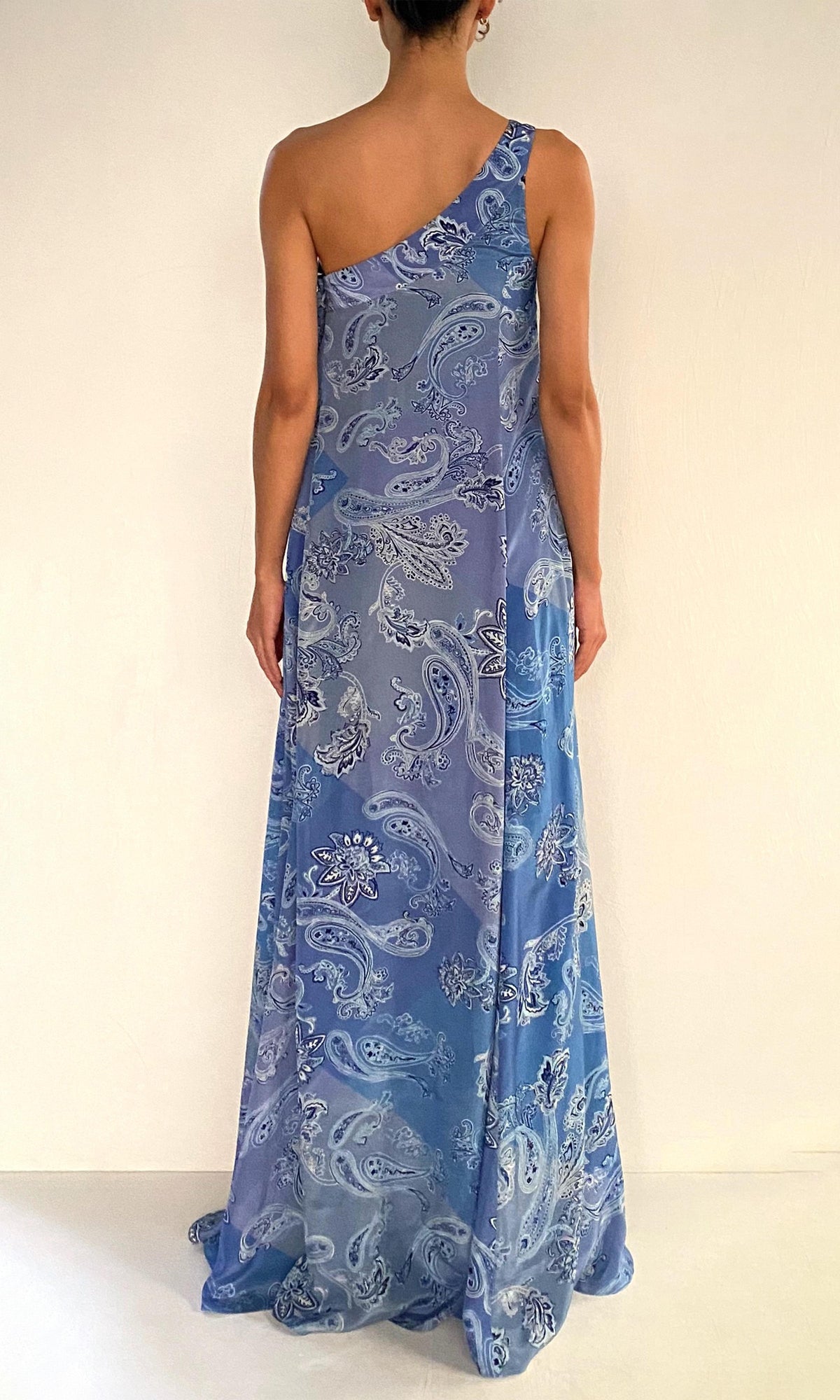 Rococo Sand | Navy Viscose Natural Crepe One Shoulder Maxi Dress | Light Blue