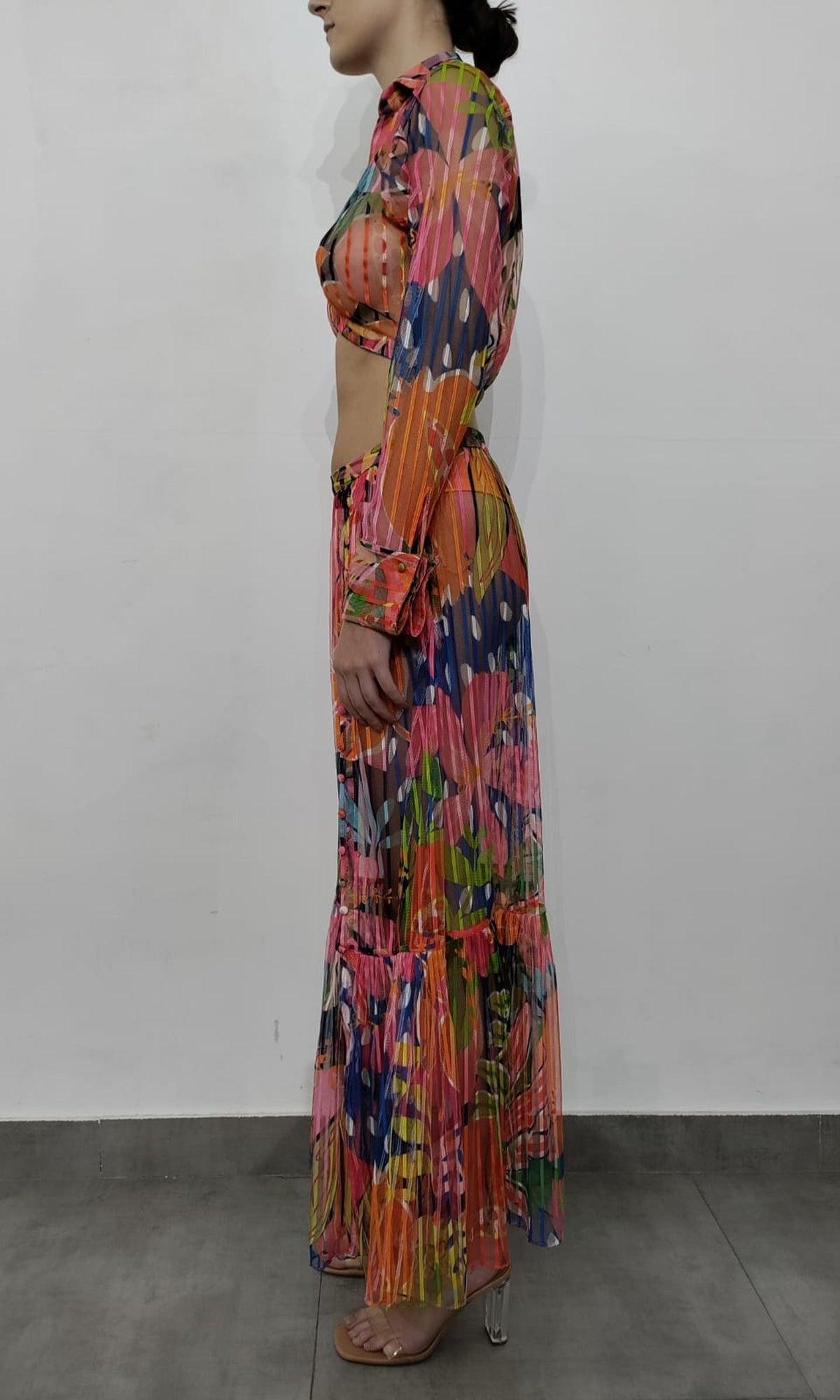 Rococo Sand | Plum Polyester Stripe Net Long Skirt | Multi
