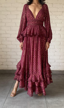 Rococo Sand | Raven Viscose Georgette Eye Botta Lurex Long Dress | Rhododendron