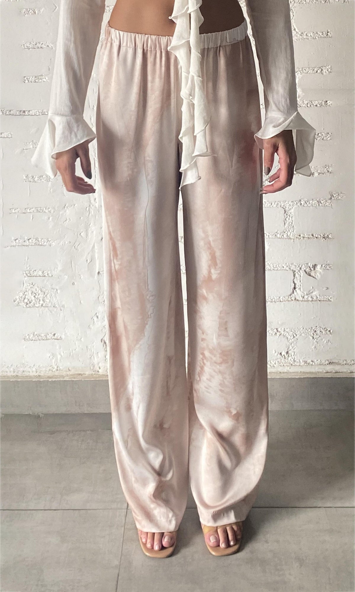 Rococo Sand | Ryan Polyester Satin Lycra Tie-Dye Trouser | Light Brown
