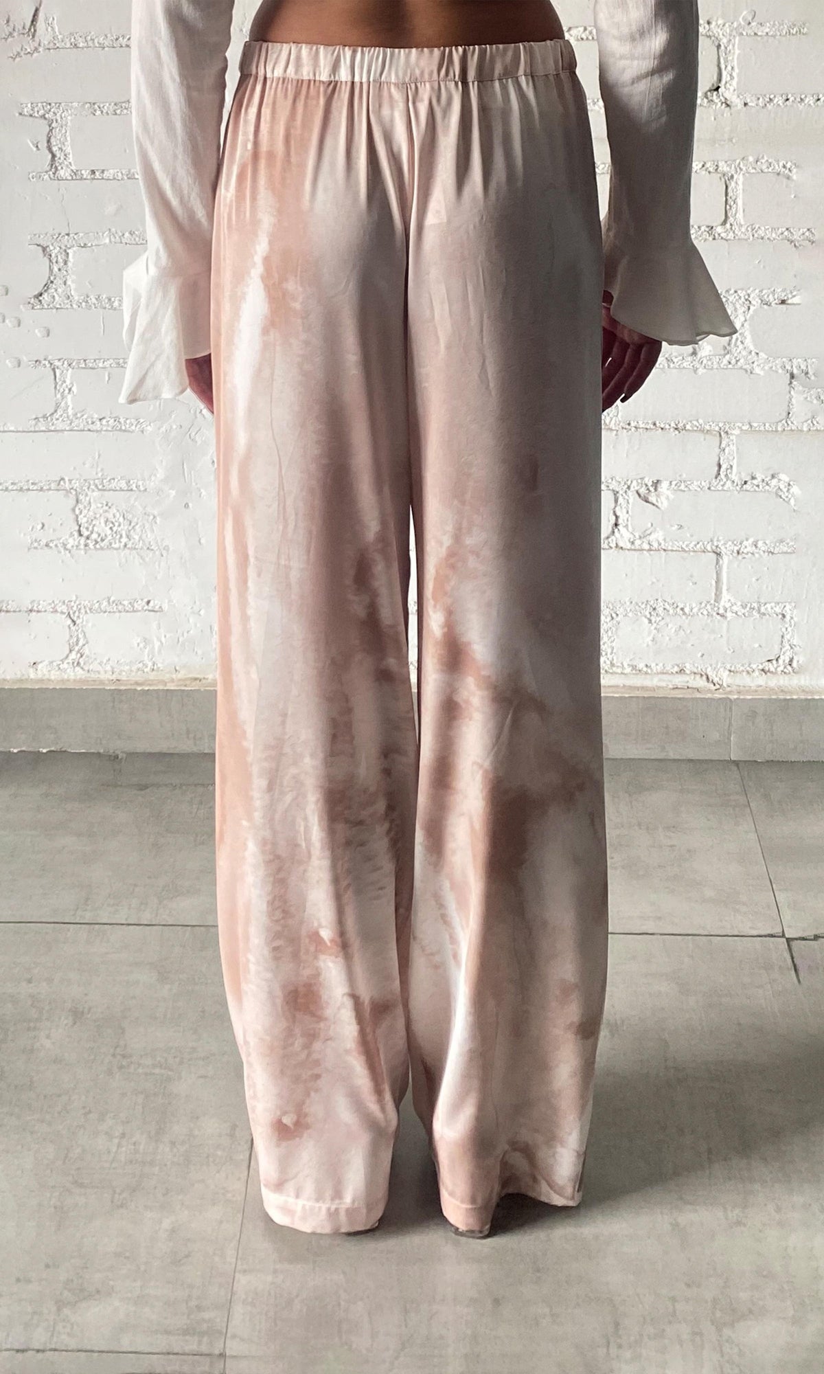 Rococo Sand | Ryan Polyester Satin Lycra Tie-Dye Trouser | Light Brown