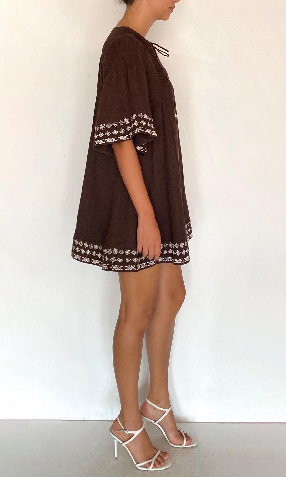 Rococo Sand | Taz Double Gauze Pintuck Detail Mini Dress | Brown