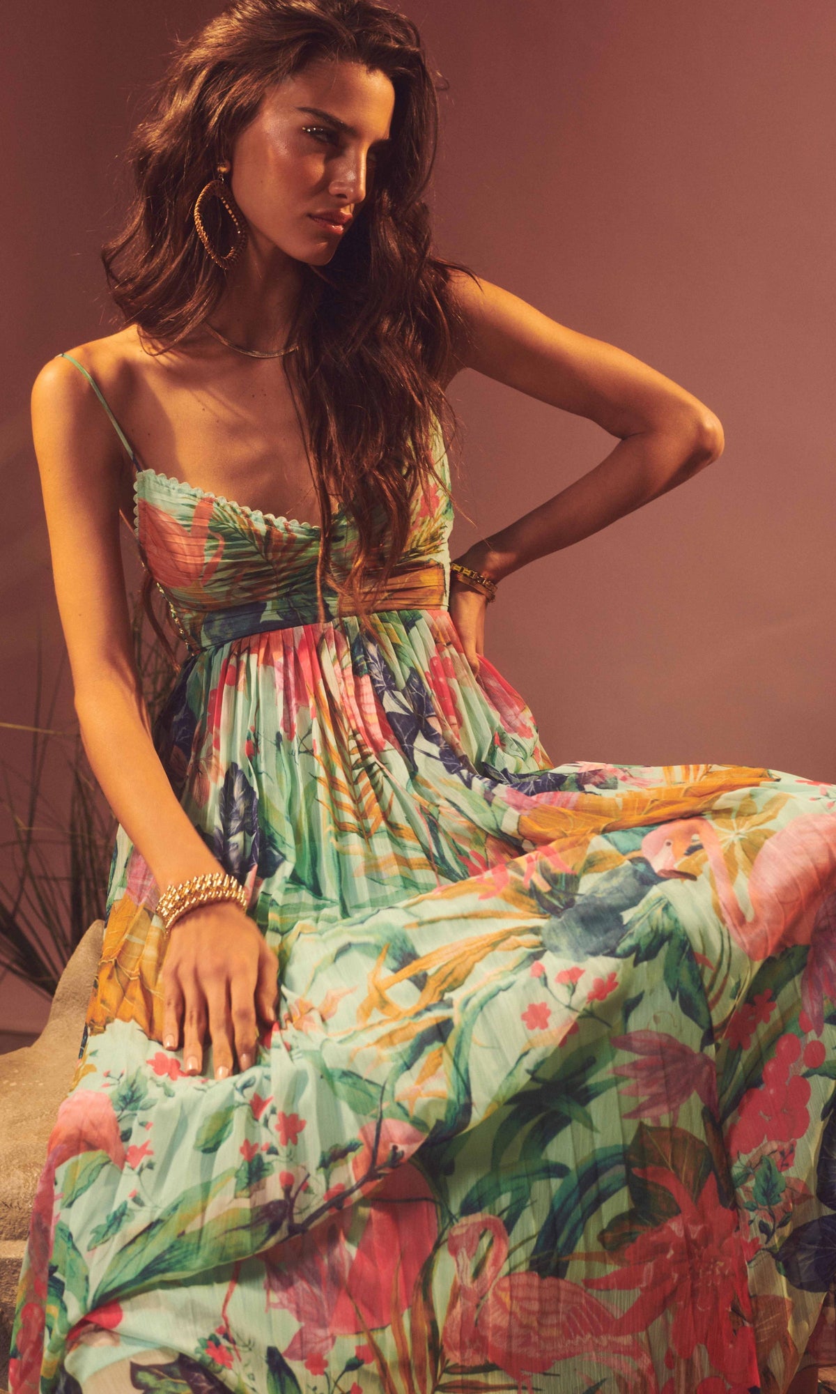Rococo Sand | Zazu Chiffon Long Dress | Motley Tropical On Mint Green