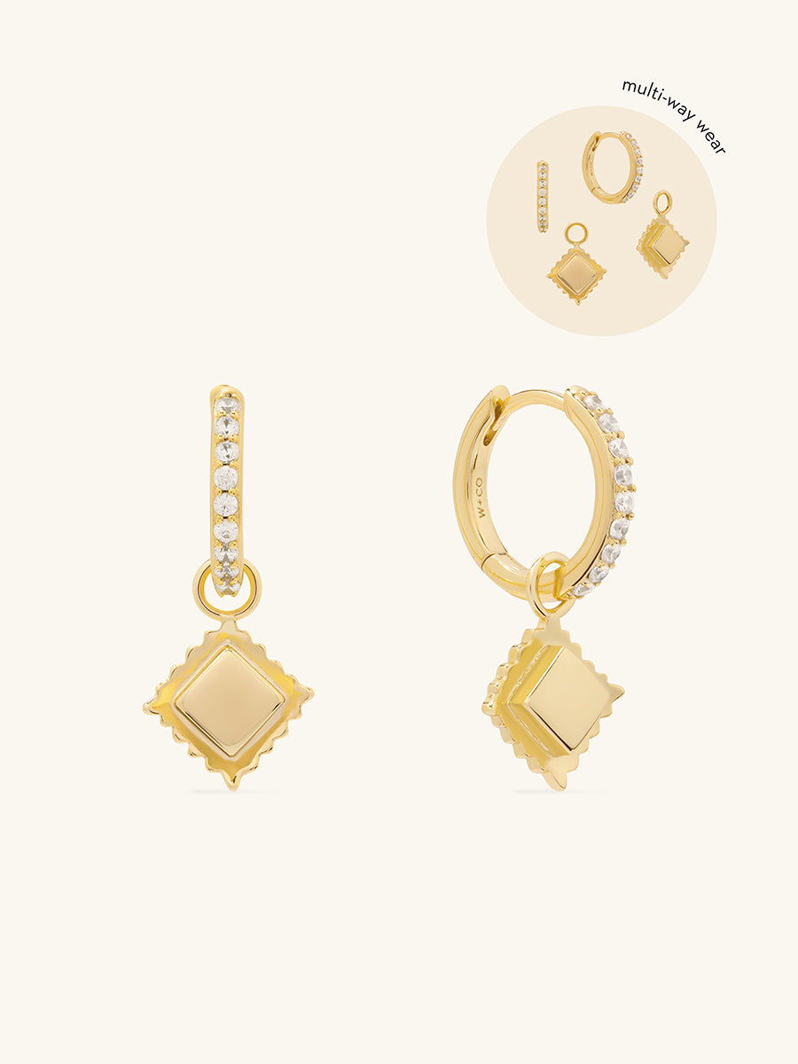 Ravioli Charm Huggie Earrings | 5A Grade Cubic Zirconia | 14K Gold Plated Brass