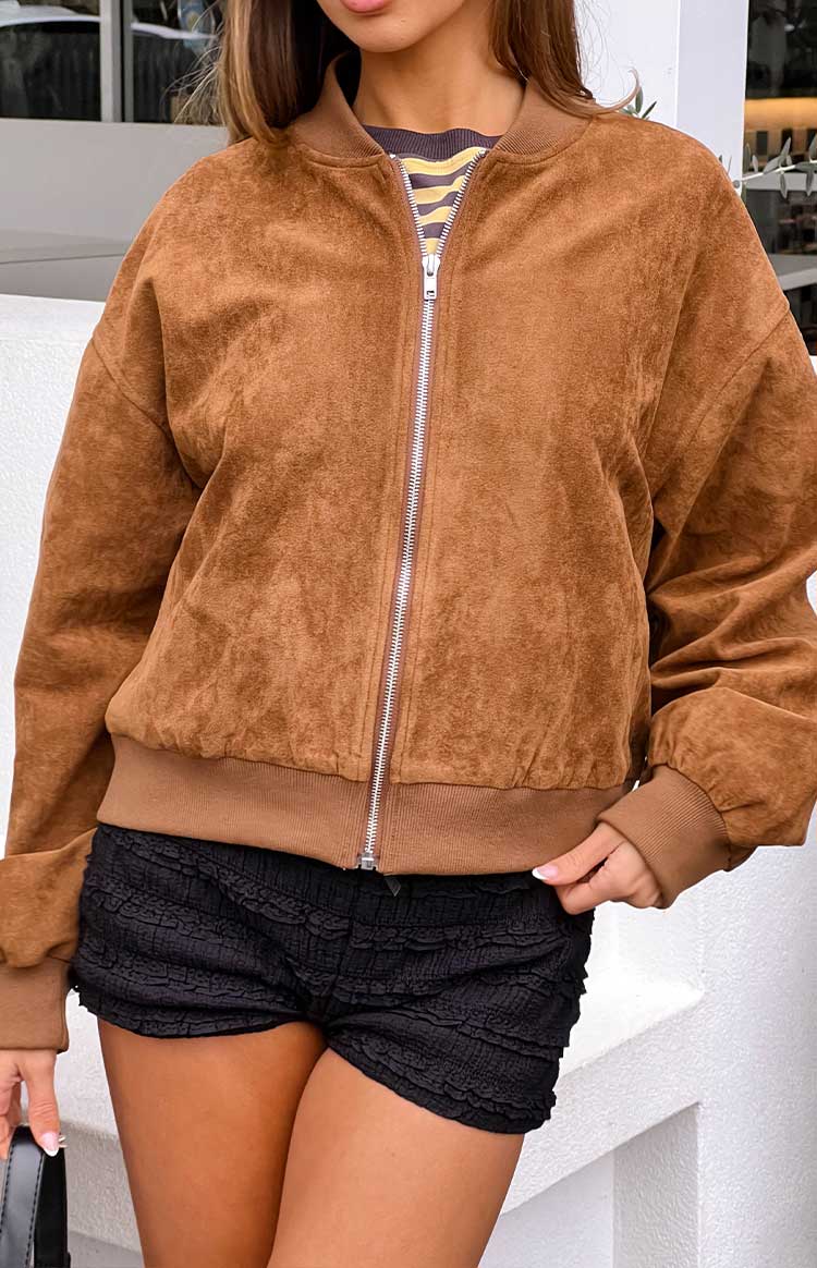 Rebecca Cuffed Suedette Bomber Jacket | Tan