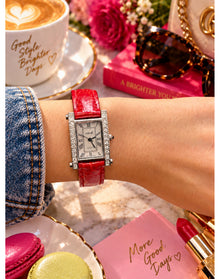 Red Diamond Rectangular Watch Genuine Leather Band | White