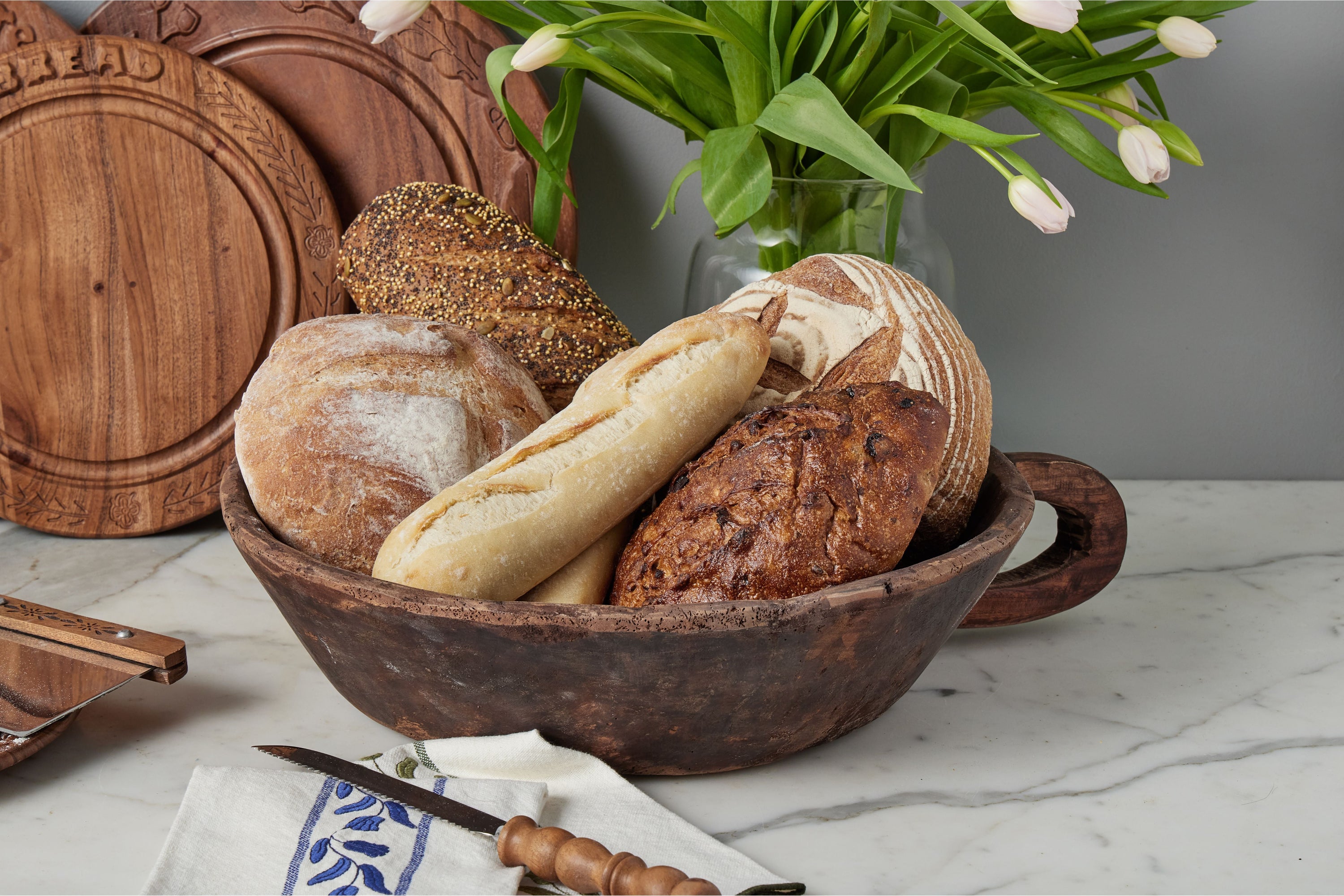 Vintage Wood Bowl with Carved Handle | Natural