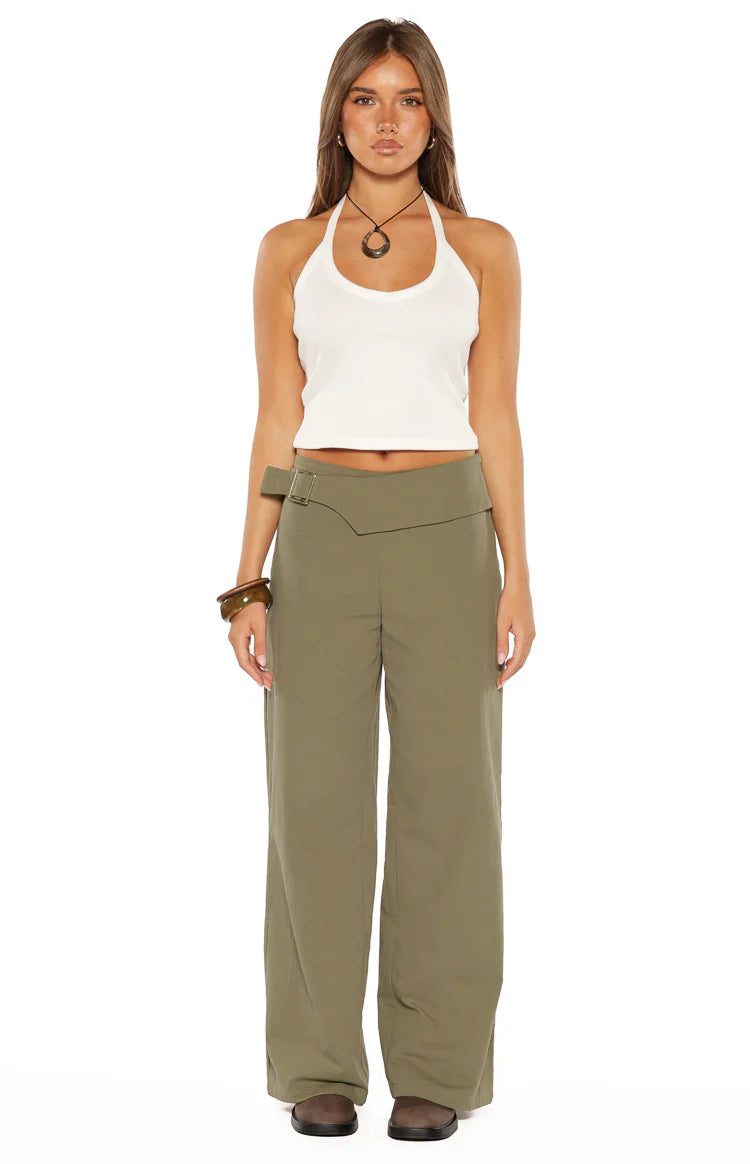 Buckle Detail Straight Leg Pants | Rewind Green
