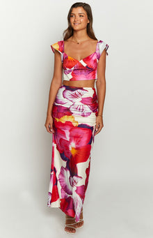 Romantic Rose Floral Print Maxi Skirt | Pink