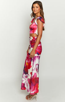 Romantic Rose Floral Print Maxi Skirt | Pink