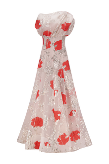 Floral Fil Coupe Draped Shoulder Pleated Gown | Blush Multi