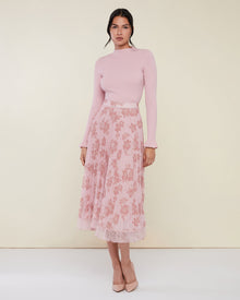 Pleated Lace Trim Midi Skirt | Silver Pink Floral Multi