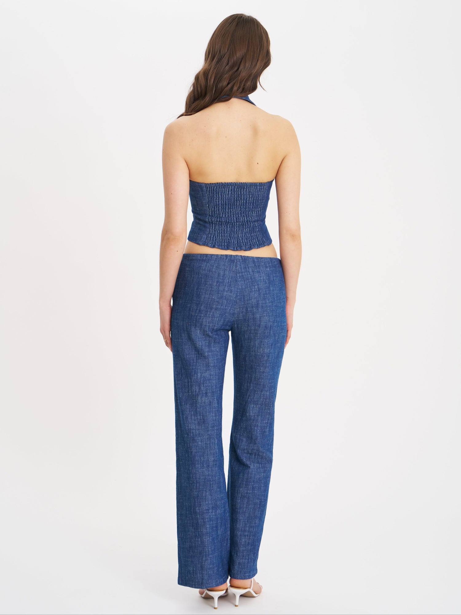Rafaella Cotton Denim Halter Lapel Top | Navy