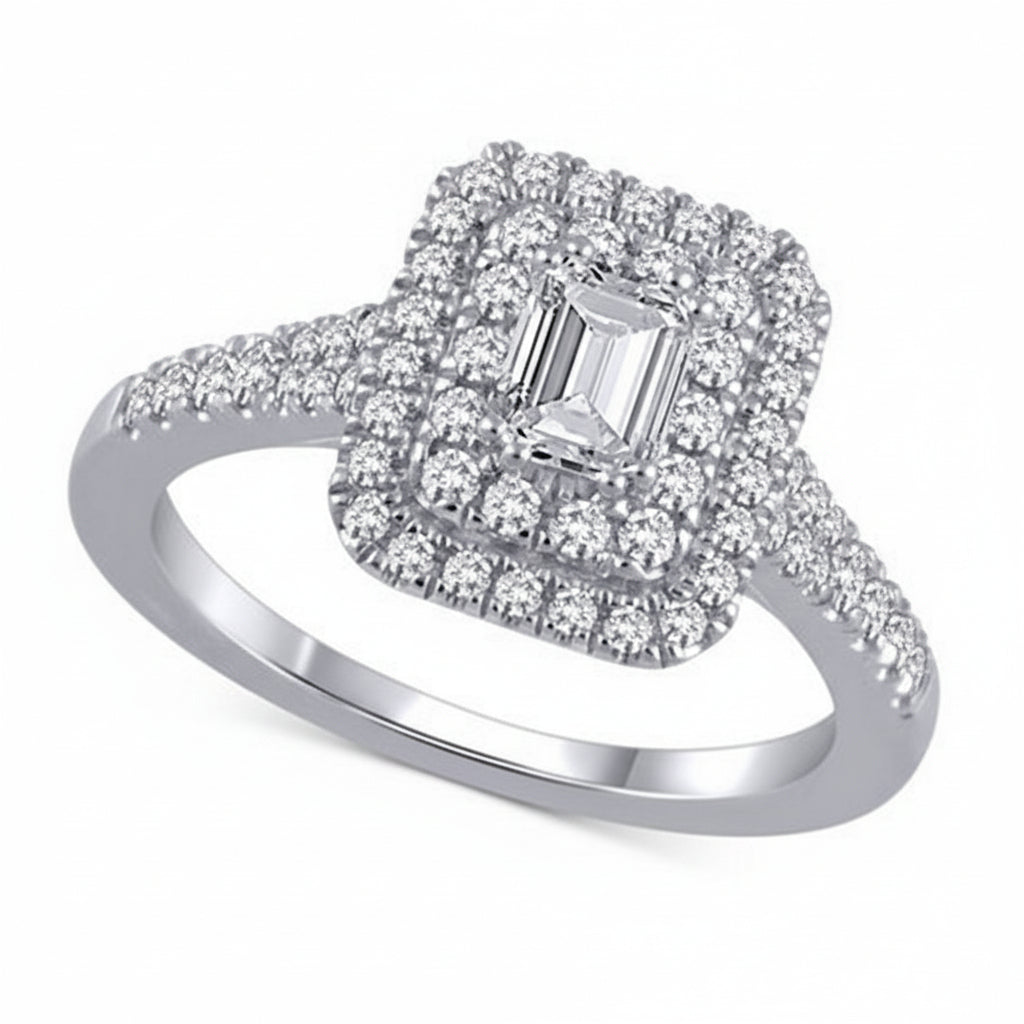 1.00 CT Emerald/Round Natural Diamond | Fashion Ring | 18K White Gold | I Color | I1 Clarity