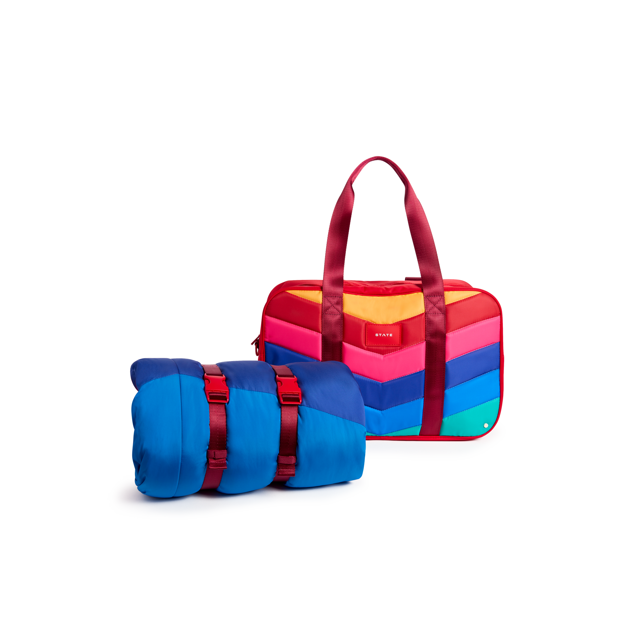 STATE Bags Redwood Sleeping Bag and Rockaway Duffle Rainbow Chevron Front View Click to Zoom