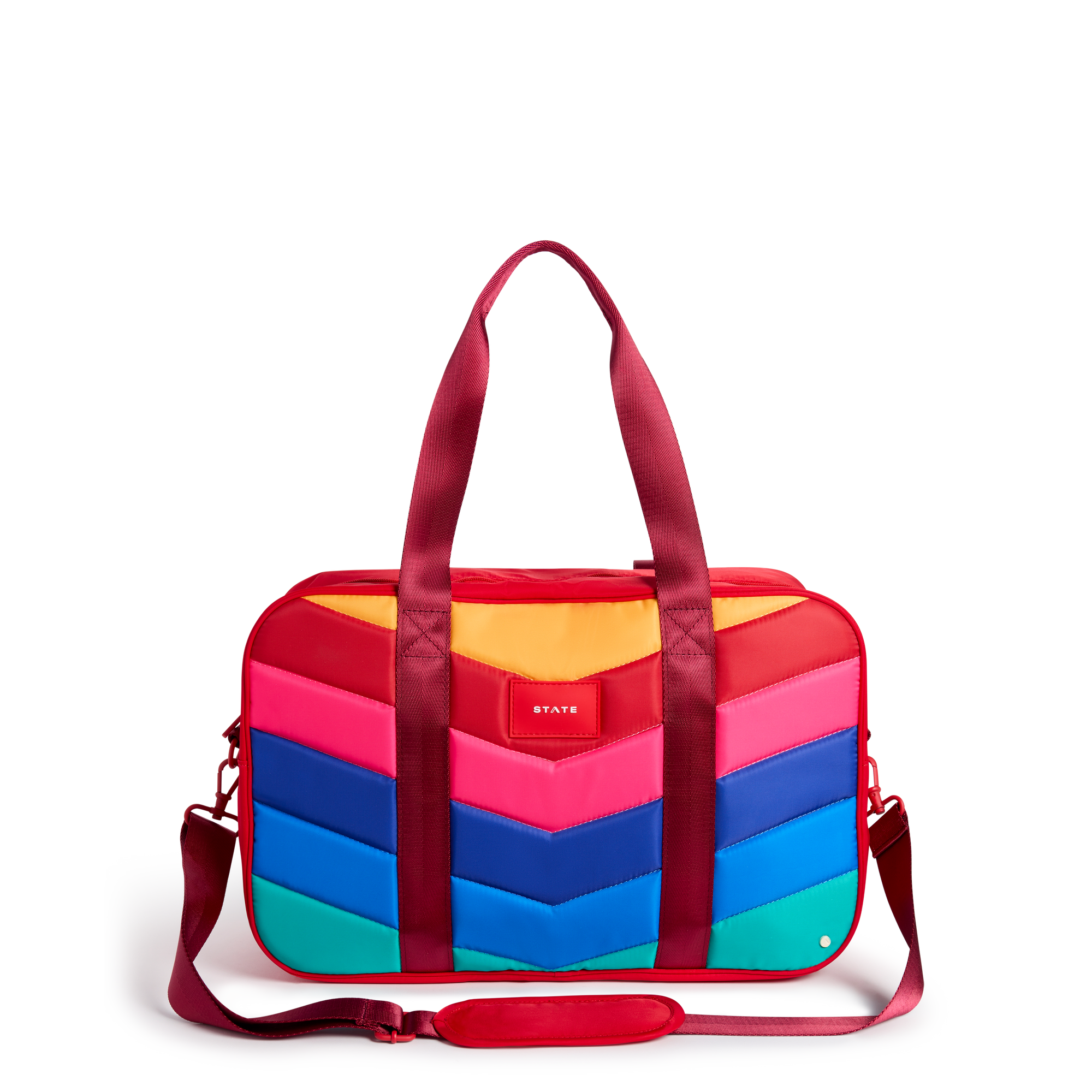 STATE Bags Rockaway Duffle Nylon Puffer Rainbow Chevron Front View Click to Zoom