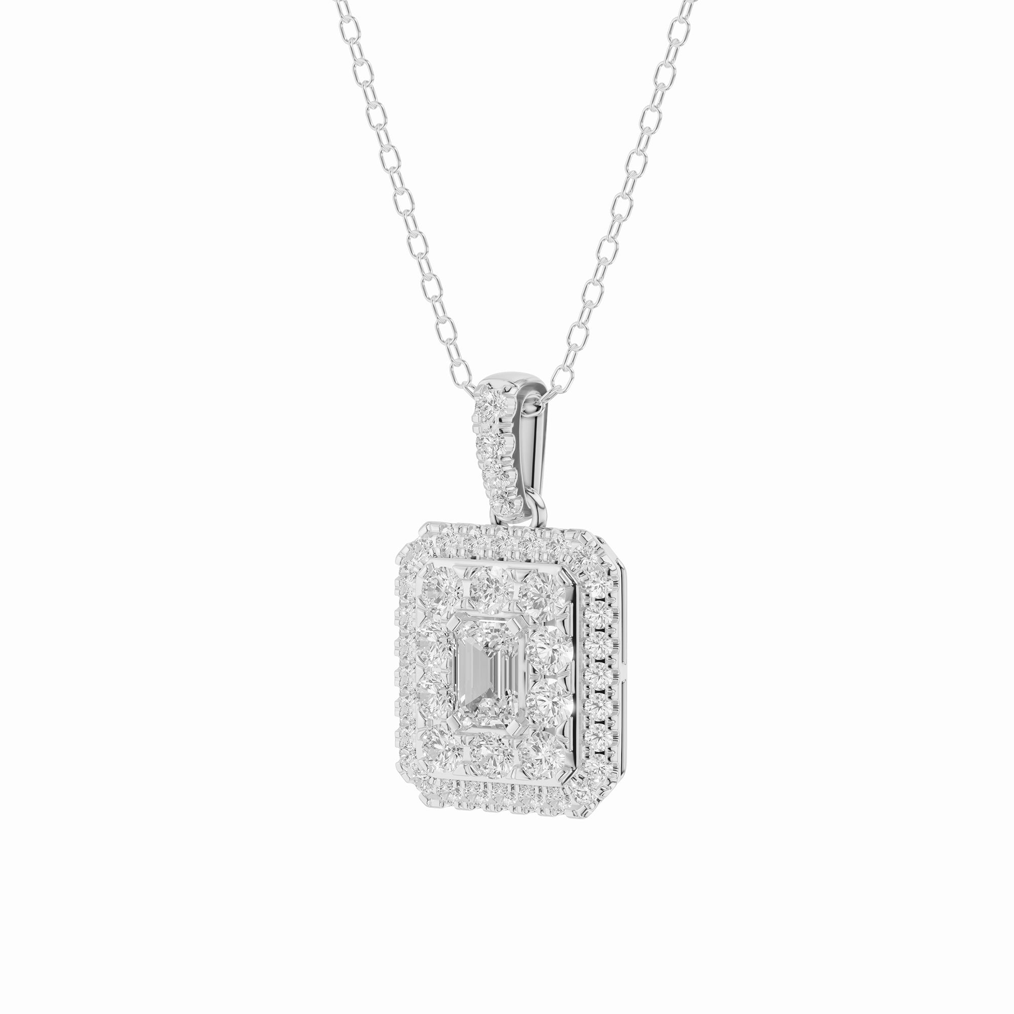 Womens | Halo Pendant Necklace | 14K White Gold | 1 CTW Emerald Cut Natural Diamond | D-I-I1-I2
