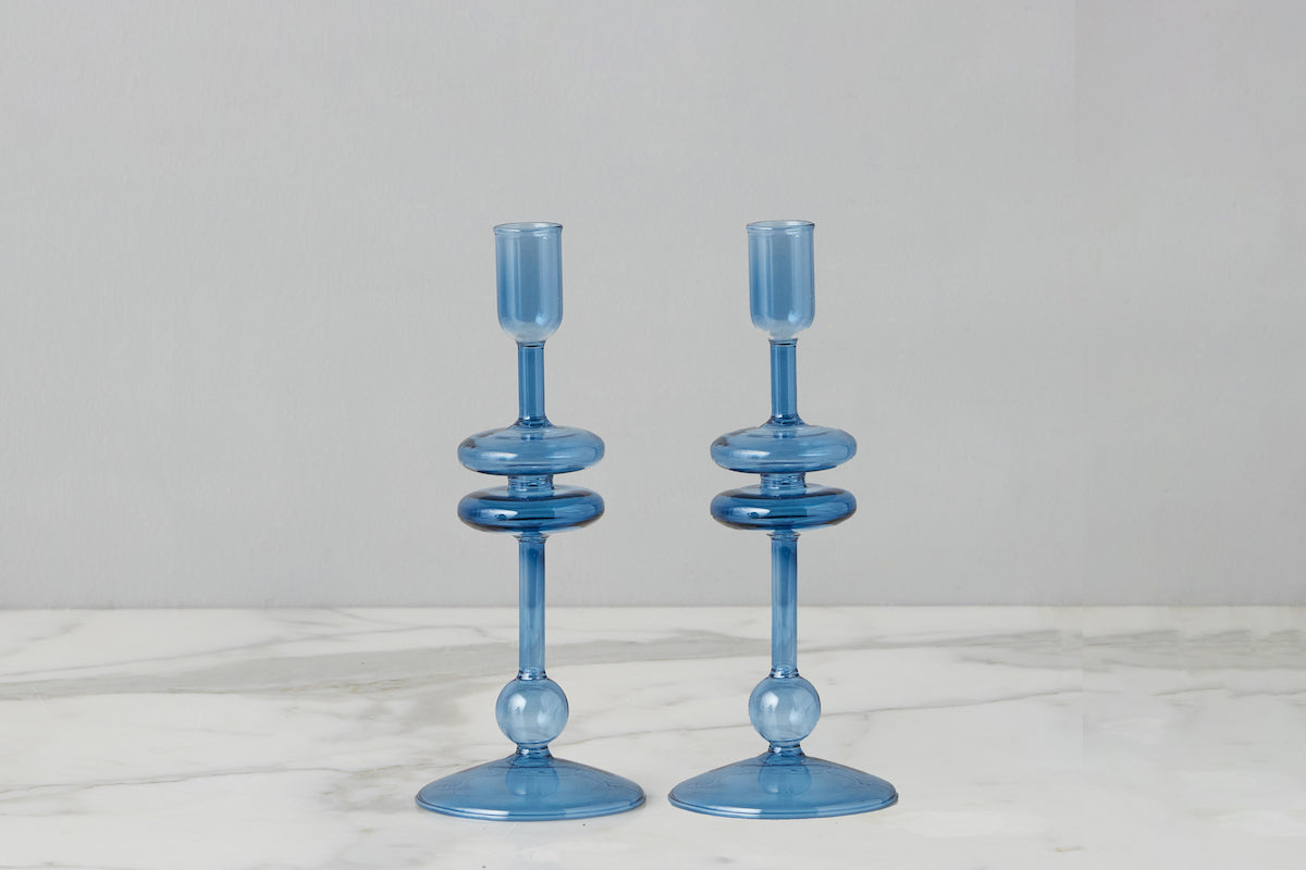 Glass Candlestick | Sapphire | Small | Set of 2