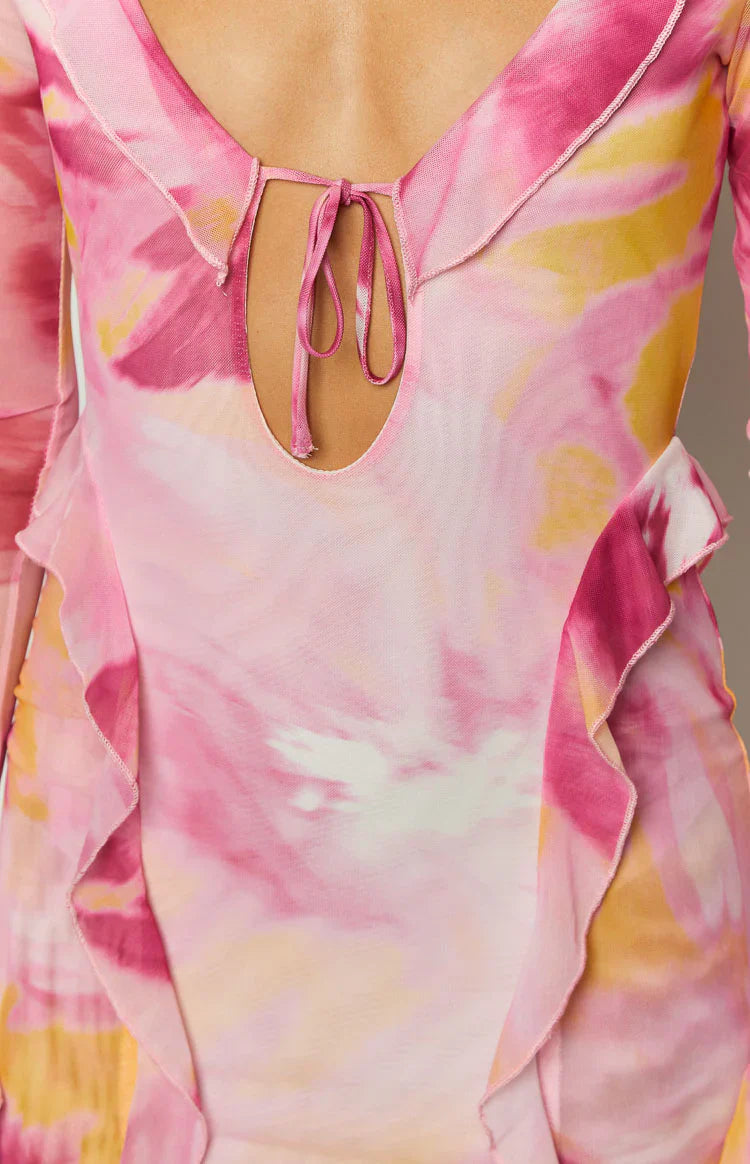 Surround Sound Floral Mesh Long Sleeve Mini Dress | Pink