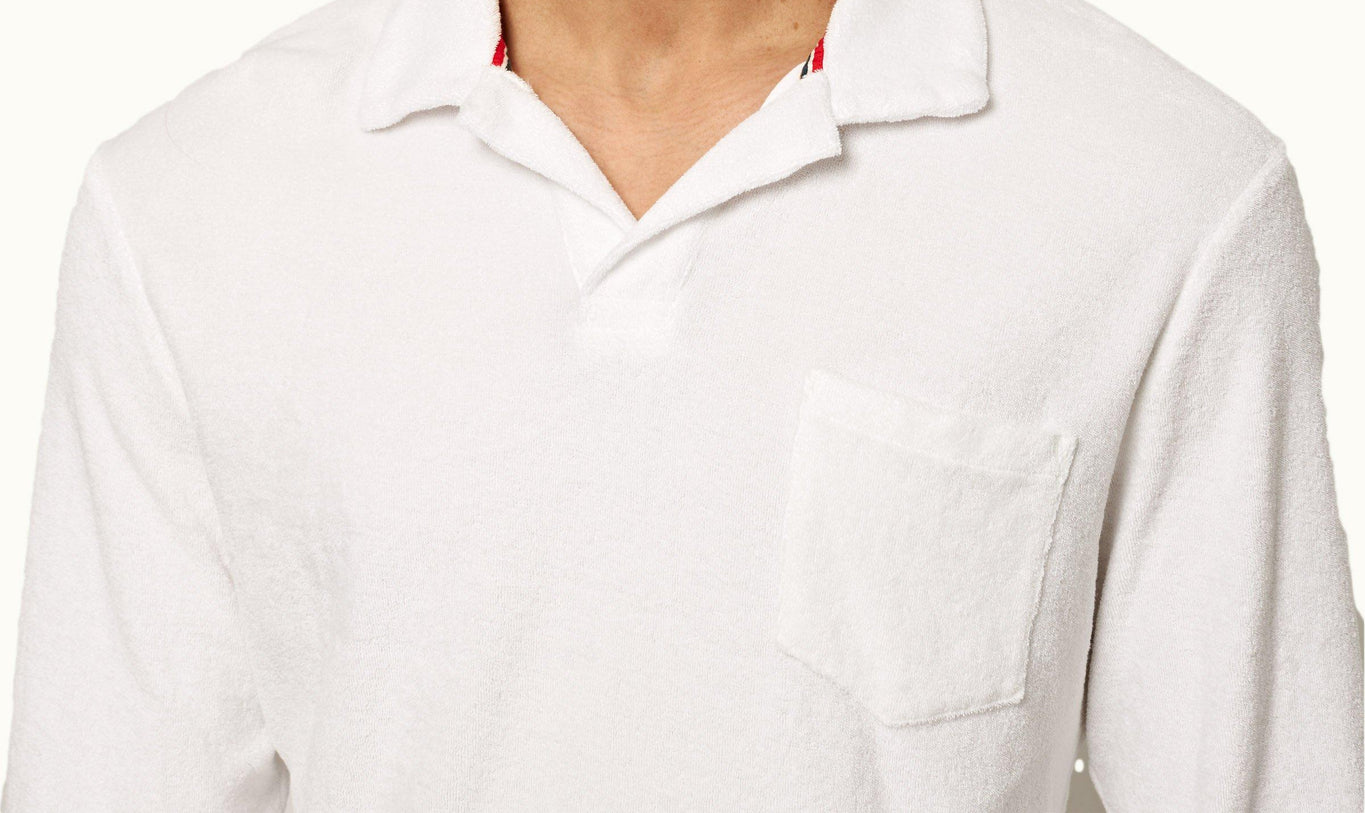 Terry Towelling O.B Stripe Tailored Fit Long-Sleeve Towelling Resort Polo Shirt | White