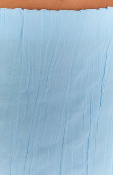 Rear view of a light blue crinkled maxi skirt with a straight fit