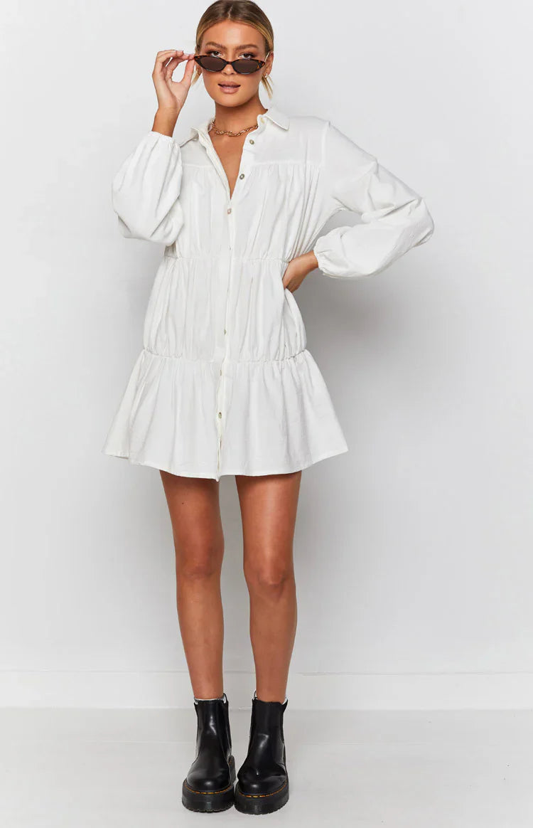 Theodossia Tiered Long Sleeve Dress | White