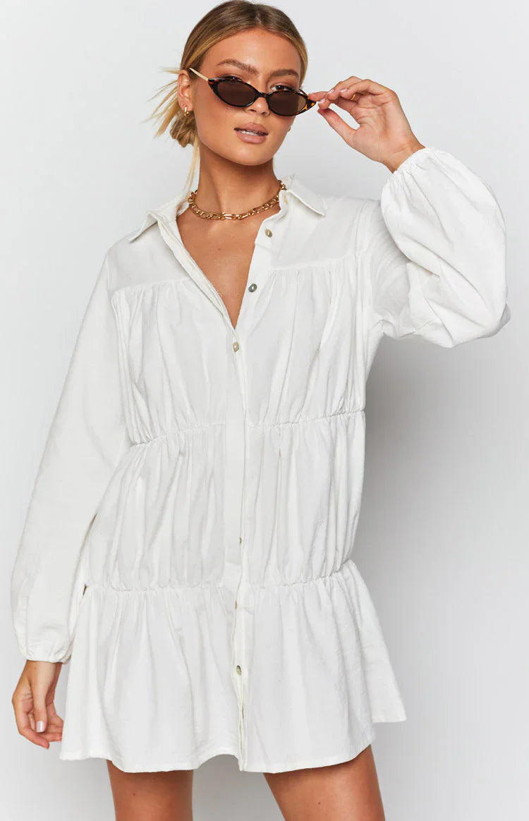 Theodossia Tiered Long Sleeve Dress | White