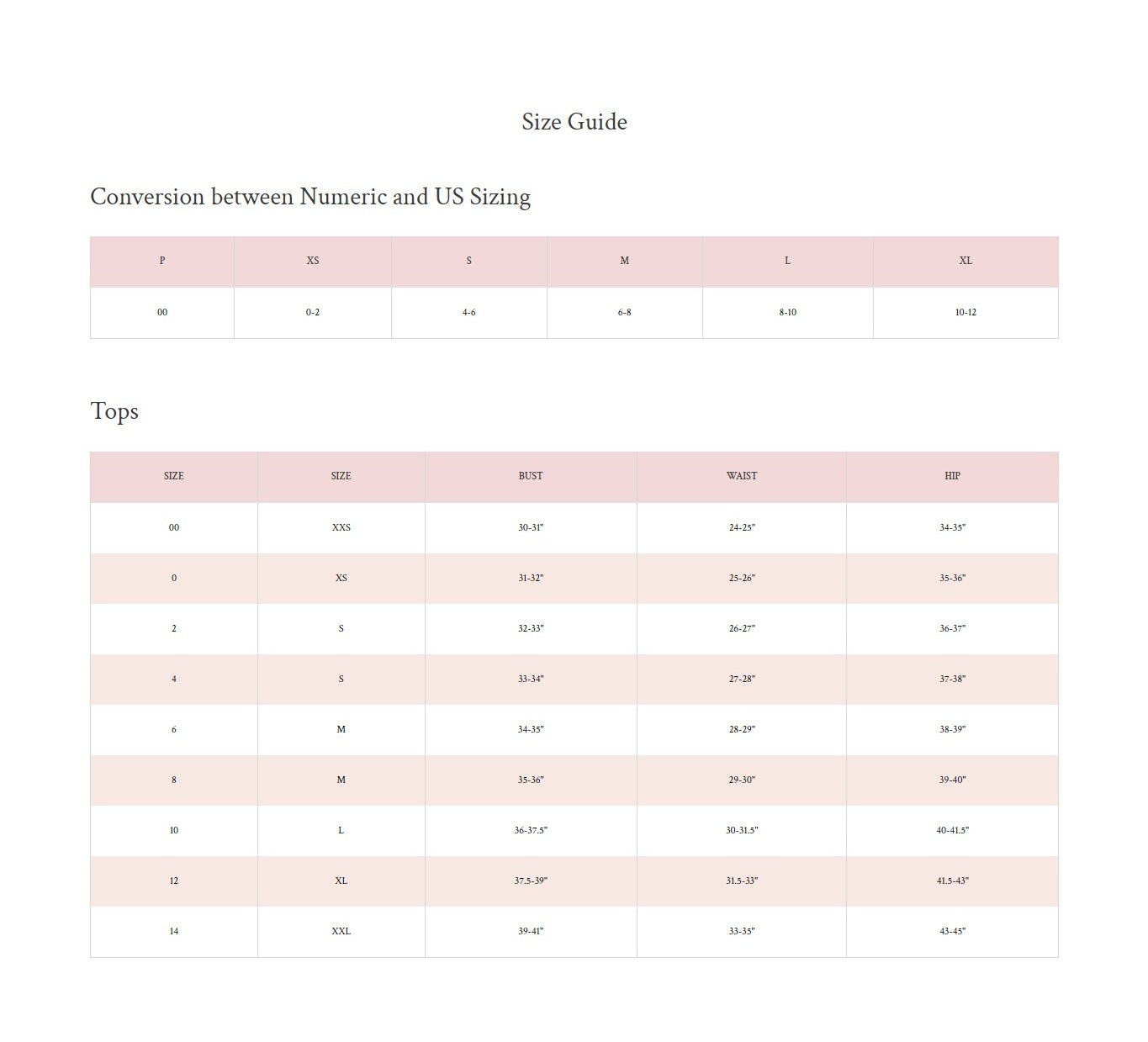 Product size guide