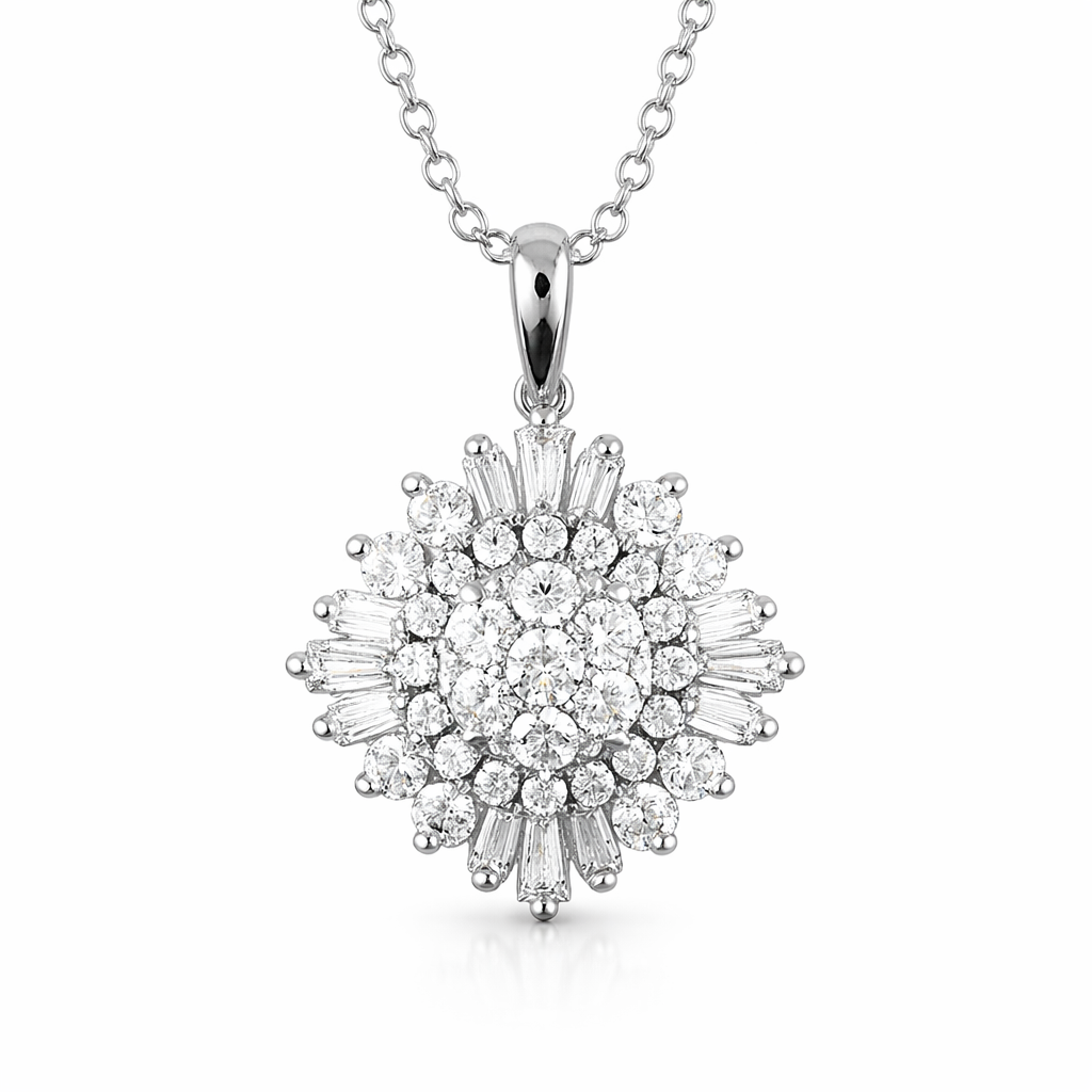 1.00 CT Round/Baguette Natural Diamond | Pendant Necklace | 14K White Gold | J Color | K-I1 Clarity