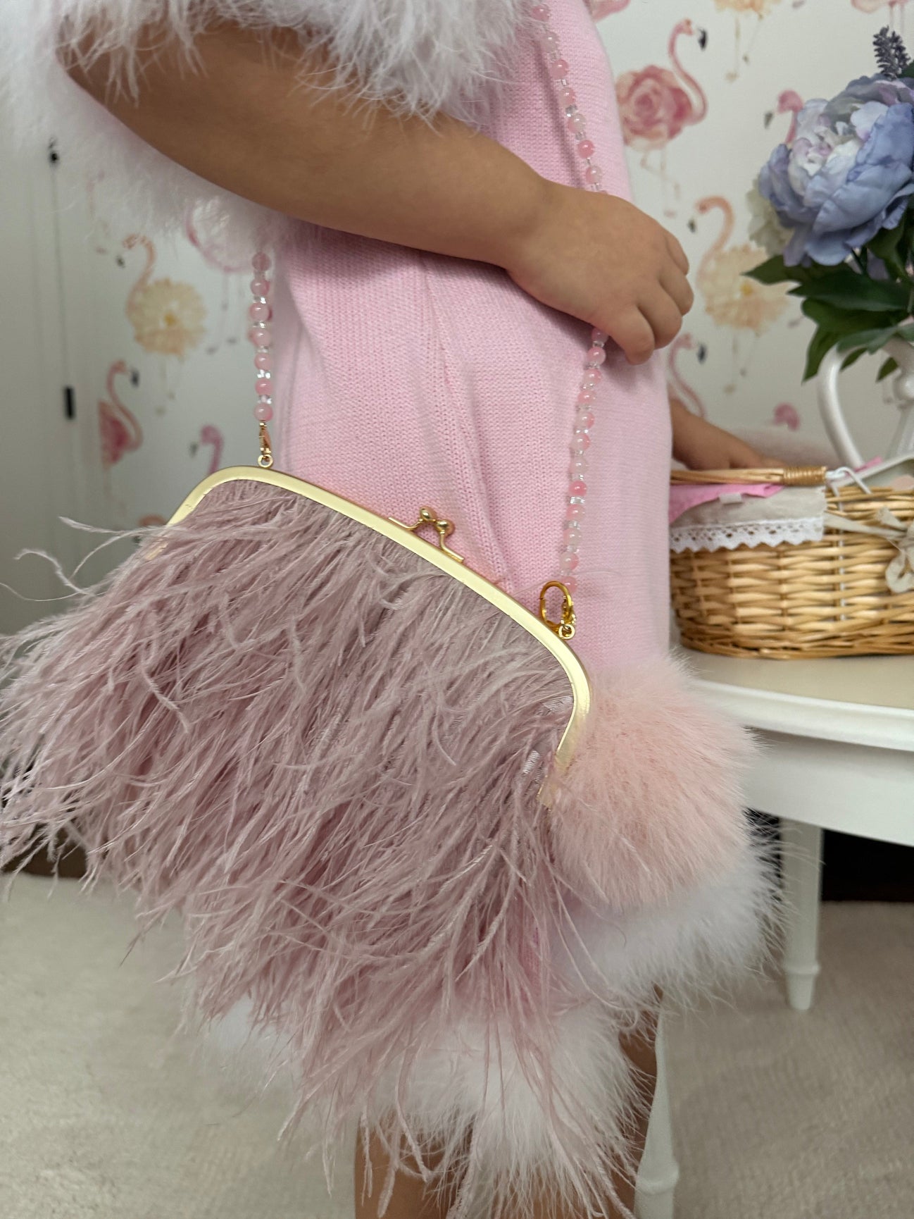 Unisex | Heart Faux Fur Pom Handbag Charm | Pink
