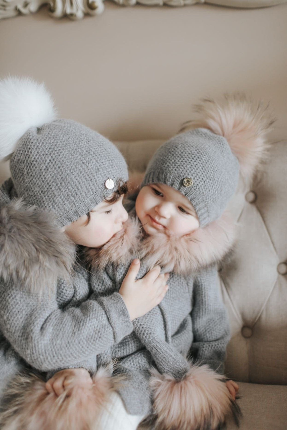 Unisex | Honeycomb Cashmere Beanie Hats White Print Pom | Grey