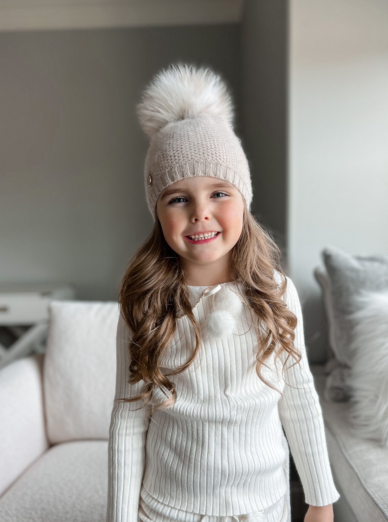 Unisex | Honeycomb Cashmere Beanie with White Print Pom | Beige